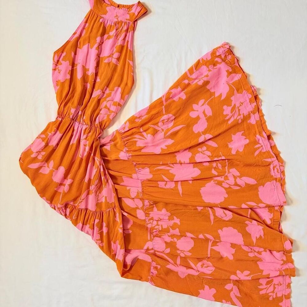 Sunset orange and pink floral halter neck tiered maxi dress